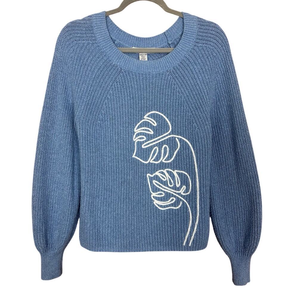 Tommy Bahama Sweater Womens XS Blue Monstera Embroidered Pullover Crewneck Knit